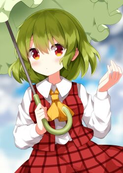 Rule 34 | 1girl, ascot, closed mouth, cloud, collared shirt, commentary request, cowboy shot, day, green hair, green umbrella, hair between eyes, hand up, highres, holding, holding umbrella, kazami yuuka, long sleeves, outdoors, plaid clothes, plaid skirt, plaid vest, red eyes, red skirt, red vest, ruu (tksymkw), shirt, short hair, skirt, skirt set, solo, touhou, umbrella, vest, white shirt, yellow ascot