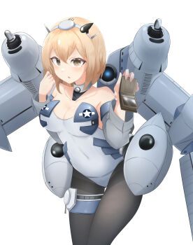 1girl aircraft airplane airplane_wing b-29_superfortress b-29_superfortress_(daebom) blonde_hair frilled_thigh_strap brown_eyes daebom grey_shirt highleg highleg_leotard highres leotard mecha_musume military military_vehicle original pantyhose shirt thigh_strap wallet white_background