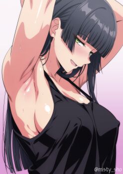 1girl armpits arms_behind_head black_shirt breasts cleavage commentary_request covered_erect_nipples gradient_background green_eyes half-closed_eyes highres hime_cut large_breasts long_hair looking_at_viewer makiri_akira open_mouth purple_background rinkai! shirt sleeveless sleeveless_shirt smile solo sweat takeo_kuzuki twitter_username upper_body