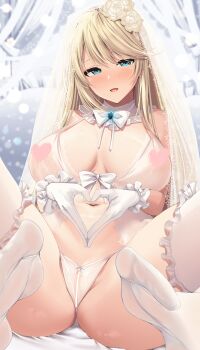 aqua_eyes bed bed_sheet blonde_hair blush breasts breasts_apart bridal_lingerie bridal_veil canopy_bed censored flower gloves hair_flower hair_ornament heart heart_censor heart_hands highres large_breasts lingerie looking_at_viewer mutsumi_nemuru open_mouth original panties rose sidelocks sitting smile spread_legs underwear veil white_background white_flower white_gloves white_panties white_rose