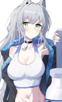1girl absurdres alternate_breast_size_(larger) animal_ears arknights bare_shoulders black_choker black_jacket breasts c2_jun chinese_commentary choker cleavage closed_mouth collarbone commentary_request crop_top green_eyes grey_hair hand_up highres jacket large_breasts light_blush long_hair midriff navel rosmontis_(arknights) simple_background sleeveless solo tank_top white_background white_tank_top