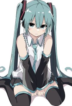 1girl blush commentary_request dot_nose frown hair_between_eyes hair_ornament hatsune_miku highres long_hair maho_ron1 necktie on_floor simple_background solo thighhighs very_long_hair vocaloid