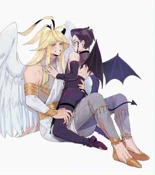 2boys absurdres angel angel_wings blonde_hair colored_eyelashes commentary_request corbeau_(pokemon) demon demon_wings detached_sleeves hand_on_another's_chest hand_on_another's_thigh hand_on_another's_waist highres ivor_(pokemon) light_blush male_focus multiple_boys nervous_sweating nintendo parted_hair pokemon pokemon_legends:_z-a purple_hair q_9_q_1742 round_eyewear simple_background sitting sitting_on_lap sitting_on_person smile sweat tail wings