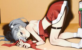 1girl absurdres bare_shoulders bound bound_wrists box breasts commentary_request crop_top drill_hair gift gift_box grey_eyes grey_hair highres honkai:_star_rail honkai_(series) korean_commentary looking_at_viewer looking_to_the_side medium_hair miniskirt red_ribbon red_skirt ribbon santa_costume silver_wolf_(honkai:_star_rail) skirt small_breasts socks solo syhan thighs top-down_bottom-up white_socks