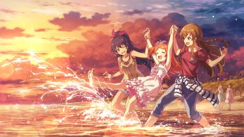 amami_haruka barefoot beach black_hair blue_pants braid brown_hair card_commentary clothes_around_waist commentary_request dress game_asset ganaha_hibiki holding_another's_wrist idolmaster idolmaster_(classic) idolmaster_million_live! idolmaster_million_live!_theater_days kousaka_umi long_hair official_art ogami_tamaki one_side_up orange_hair outdoors pants pink_dress ponytail red_shirt sandals shirt splashing standing sunset sweater sweater_around_waist tanaka_kotoha tank_top third-party_source wading water yellow_tank_top