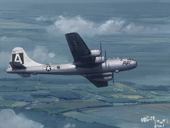 aircraft airplane b-29 b-29_superfortress cloud field flying no_humans original seo_tatsuya vehicle_focus