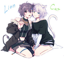 Rule 34 | 2girls, animal ears, bang dream!, bang dream! it&#039;s mygo!!!!!, black jacket, black shirt, blue eyes, cat ears, cat girl, cat tail, commentary, cosplay, english text, fang, full body, grey hair, grey skirt, heterochromia, highres, hololive, jacha gam, jacket, kaname raana, kemonomimi mode, layered sleeves, lion ears, lion girl, lion tail, long sleeves, medium hair, multiple girls, off shoulder, open clothes, open jacket, open mouth, red eyes, seiza, shirt, shishiro botan, shishiro botan (cosplay), short hair, short over long sleeves, short sleeves, simple background, sitting, skirt, sleeveless, sleeveless shirt, socks, symbol-only commentary, tail, takamatsu tomori, thigh strap, white background, white hair, white socks, yellow eyes