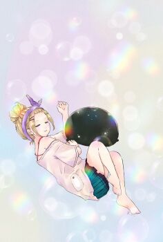 Rule 34 | 1girl, :3, aqua skirt, bare shoulders, barefoot, blonde hair, blush, closed eyes, closed mouth, commentary request, facing viewer, feet, film grain, forehead, from above, full body, hair bun, hair ornament, hair slicked back, hairclip, heaven burns red, highres, knees up, kusu any, lens flare, lying, medium hair, miniskirt, narby (heaven burns red), nose blush, on side, ooshima yotsuha, parallel hairclips, pleated skirt, shirt, short sleeves, sidelocks, signature, simple background, single hair bun, skirt, sleeping, slime (substance), smile, soles, solo, t-shirt, toes, white shirt