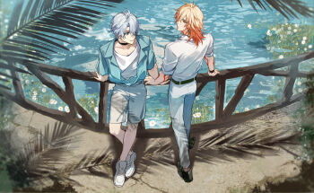 2boys antenna_hair arm_tattoo belt black_belt black_choker black_shoes blonde_hair blue_eyes blue_shirt choker collared_shirt commentary english_commentary gradient_hair highres honkai:_star_rail honkai_(series) male_focus medium_hair migan multicolored_hair multiple_boys mydei_(honkai:_star_rail) pants parted_bangs partially_unbuttoned phainon_(honkai:_star_rail) red_hair red_tattoo shirt shoes short_hair short_sleeves shorts sleeves_rolled_up tattoo white_hair white_pants white_shirt white_shoes white_shorts yellow_eyes