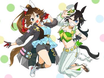 2girls ahoge animal_ears arm_up artist_request belt black_hair black_shorts black_vest blue_eyes blue_shirt brown_hair button_gap choker commentary_request cosplay costume_switch ear_covers full_body gloves green_eyes grin hair_between_eyes hair_ornament hairclip hand_on_own_hip hand_up hat high_heels highres horse_ears horse_girl horse_tail jacket jumping katsuragi_ace_(dragon_rising_to_the_top)_(umamusume) katsuragi_ace_(umamusume) katsuragi_ace_(umamusume)_(cosplay) long_hair long_sleeves midriff mini_hat mini_top_hat mr._c.b._(clear_bliss)_(umamusume) mr._c.b._(umamusume) mr._c.b._(umamusume)_(cosplay) multicolored_hair multiple_girls navel one_eye_closed open_clothes open_mouth outstretched_arm pants polka_dot polka_dot_background ponytail shirt shoes short_shorts shorts single_sleeve smile socks streaked_hair tail tassel tassel_hair_ornament top_hat two-tone_gloves umamusume v-shaped_eyebrows vest w white_hair white_pants wrist_cuffs