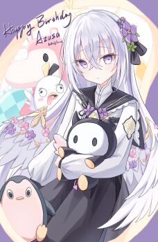 1girl azusa_(blue_archive) black_dress blue_archive blush commentary_request dress feathered_wings flower flower_ornament frown green_flower hair_flower hair_ornament halo happy_birthday highres hugging_object long_hair looking_at_viewer pink_flower purple_eyes purple_flower shirt solo trinity_general_school_logo very_long_hair white_hair white_shirt white_wings wings yellow_halo yukari_(upuk5277)