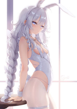 +_+ 1girl absurdres animal_ears azur_lane blue_eyes braid breasts choker commentary_request crotchless crotchless_pantyhose fake_animal_ears from_side highres john_zerowb le_malin_(azur_lane) le_malin_(listless_lapin)_(azur_lane) leotard long_hair looking_at_viewer low_twin_braids nontraditional_playboy_bunny o-ring o-ring_choker official_alternate_costume pantyhose partial_commentary rabbit_ears rabbit_tail small_breasts solo tail twin_braids white_hair white_leotard white_pantyhose wrist_cuffs