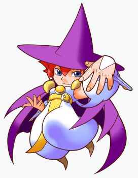 Rule 34 | 1girl, baggy pants, belt around waist, blue eyes, cape, chibi, detached sleeves, game cg, hat, highres, looking at viewer, maeda shima, non-web source, official art, pants, pocket fighter, purple cape, purple hat, red hair, simple background, smile, solo, tabasa, warzard, white background, witch, witch hat