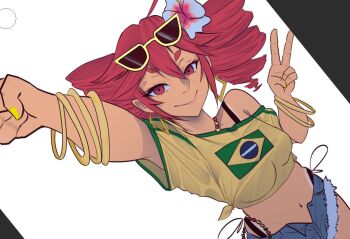 1girl astartefrost brazilian_flag brazilian_flag_print brazilian_miku brazilian_miku_(cosplay) closed_mouth commentary cosplay drill_hair english_commentary flag_print flower hair_between_eyes hair_flower hair_ornament hatsune_miku kasane_teto looking_at_viewer midriff navel red_eyes red_hair shirt short_shorts shorts smile solo tan twin_drills utau v vocaloid yellow_shirt