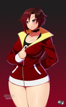 1girl artist_name black_hair blush breasts choker cleavage collarbone curvy gradient_background gradient_hair grey_eyes highres jacket jadenkaiba large_breasts long_sleeves looking_to_the_side multicolored_hair red_hair red_jacket ruby_rose rwby shiny_skin short_hair smile solo thick_thighs thighs wide_hips