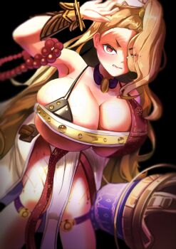 1girl absurdres black_background breasts bright_pupils cleavage go5ne grimms_notes highres holding_cannon huge_breasts looking_at_viewer orange_hair red_eyes sanzang_fashi_(grimms_notes) sanzang_fashi_(shinsei)_(grimms_notes) simple_background solo white_pupils
