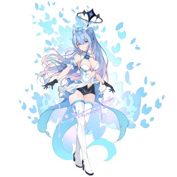 1girl absurdres ahoge bare_arms black_dress black_gloves black_halo blue_eyes blue_hair blue_skirt boots breasts cleavage commentary_request crossed_bangs dragon_girl dragon_horns dragon_tail dress earrings full_body gloves gradient_hair hair_between_eyes hair_ornament hairclip halo high_heel_boots high_heels highres horns jewelry kolimiya large_breasts long_hair looking_at_viewer mismatched_earrings multicolored_hair original parallel_hairclips parted_lips signature skirt sleeveless sleeveless_dress solo standing tail thigh_boots twintails two-tone_dress white_background white_boots white_dress