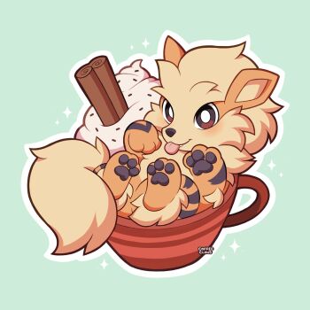 Rule 34 | arcanine, blush, cinnamon stick, coffeeclaws, cup, fangs, fangs out, fluffy, gen 1 pokemon, highres, in container, in cup, looking at viewer, nintendo, no humans, orange fur, pawpads, pokemon, pokemon (creature), pokemon focus, smile, star (symbol), tail, tongue, tongue out, whipped cream