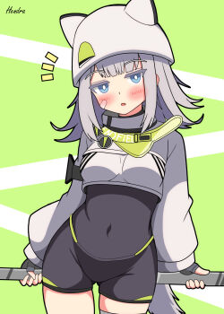 Rule 34 | 1girl, absurdres, arknights, arknights: endfield, artist name, blue eyes, breasts, cat girl, cat tail, commentary, covered navel, estella (arknights), fingerless gloves, gloves, green background, grey hair, hat, hat with ears, hendra, highres, long sleeves, looking at viewer, medium breasts, open mouth, simple background, solo, tail
