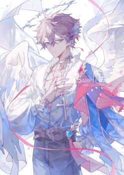 Rule 34 | 1boy, absurdres, alternate costume, angel, angel wings, belt, blue capelet, blue eyes, blue halo, body markings, bracelet, brooch, brown belt, capelet, chinese commentary, closed mouth, commentary request, cowboy shot, crown of thorns, crystal earrings, earrings, expressionless, falling petals, feathered wings, frilled shirt, frilled sleeves, frills, gem, genshin impact, gold bracelet, gold choker, grey pants, hair between eyes, hair ornament, halo, hand chains, hand in pocket, hand on own chest, highres, jewelry, long sleeves, looking at viewer, male focus, multiple rings, nokoya, orange hair, pants, partially unbuttoned, pendant, petals, puffy long sleeves, puffy sleeves, red gemstone, red petals, red ribbon, ribbon, ring, rosary, sample watermark, shirt, short hair, side cape, sideways glance, single earring, solo, spiked halo, standing, tartaglia (genshin impact), vision (genshin impact), watermark, white background, white shirt, white wings, wing hair ornament, wings