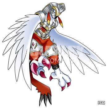 armor bird_wings blue_eyes claws digimental_of_light digimon digimon_(creature) dry_designs feathered_wings feathers harpy harpymon hawkmon highres jewelry mask monster_girl oridigi red_feathers shoulder_armor thighlet white_feathers white_wings wings