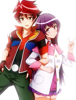 Rule 34 | 1boy, 1girl, archibald (adahalt389zp), backlighting, bashin dan, battle spirits, battle spirits: brave, belt, blush, breasts, brooch, brown eyes, buttons, closed mouth, collarbone, cowboy shot, fingerless gloves, from side, gloves, green pants, half updo, hetero, high collar, highres, jacket, jewelry, legs apart, legs together, light smile, locked arms, long hair, looking at viewer, looking back, miniskirt, neck ribbon, nervous, open clothes, orange thighhighs, pants, pink eyes, pleated skirt, pocket, purple hair, purple skirt, red gloves, red hair, ribbon, shinomiya mai, short hair, simple background, skirt, sleeve cuffs, small breasts, smile, spiked hair, standing, sweat, sweatdrop, thighhighs, unbuttoned, v, very long hair, white background, zettai ryouiki