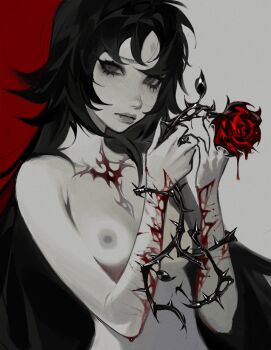 Rule 34 | 1girl, aegyo sal, bansheeiso, black eyes, black hair, blood, blood drip, brambles, breasts, chest tattoo, commentary, cowboy shot, english commentary, expressionless, fang, flower, holding, holding flower, long hair, looking at viewer, nipples, nude, original, rose, scar, scar on arm, sidelocks, solo, tattoo, wolf cut, wrist cutting