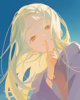 1girl blue_background colored_eyelashes commentary_request earrings finger_to_mouth floating_hair gakuen_idolmaster grey_robe grin hair_ornament hairclip hand_up highres idolmaster index_finger_raised jewelry long_hair long_sleeves looking_at_viewer nininiwa2 open_mouth orange_eyes parallel_hairclips parted_bangs robe shinosawa_hiro shushing smile solo stud_earrings wide_sleeves wind