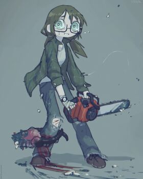 1girl absurdres artist_name bandaged_hand bandages bleeding blood blood_on_clothes blood_on_face blue_blood boots chainsaw commentary crab_claw denim english_commentary fish_hook flannel glasses green_eyes green_hair highres jeans kurohanenone low_twintails original pants scared scraped_knee semi-rimless_eyewear severed_limb shirt tears torn_clothes torn_jeans torn_pants twintails watch white_shirt wristwatch