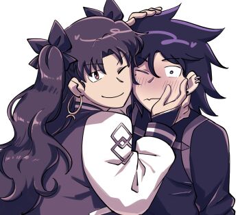 2girls black_hair blush bridal_gauntlets brown_eyes commentary ear_piercing earrings fang fate/grand_order fate_(series) hoop_earrings ishtar_(fate) jacket jewelry letterman_jacket mole mole_under_eye multiple_girls oc_x_canon okinobus one_eye_closed original piercing reverse_trap skin_fang stud_earrings symbol-only_commentary two_side_up