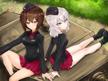 Rule 34 | 10s, 2girls, adachi (nogami nono), blue eyes, boots, brown eyes, brown hair, garrison cap, girls und panzer, grey hair, hat, highres, itsumi erika, kuromorimine military uniform, legs, military, military vehicle, motor vehicle, multiple girls, nishizumi maho, short hair, sketch, skirt, smile, tank, thighs, tiger i, turret, twitter username