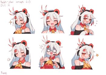 1girl absurdres animal_ear_headphones animal_ears blush bright_pupils closed_eyes closed_mouth commentary concept_art english_commentary fake_animal_ears headphones headset highres index_fingers_together long_hair multicolored_hair multiple_expressions open_mouth orange_eyes pout red_streaks redot-chan redot_(game_engine) rune_(dualhart) simple_background smile sprite_sheet streaked_hair surprised transparent_background very_long_hair white_hair white_pupils wink_star