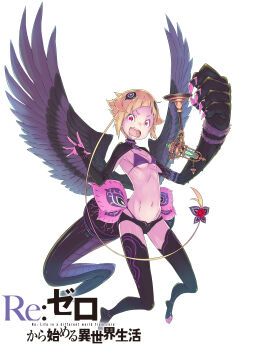 1girl absurdres bikini bird_wings black_thighhighs black_wings blonde_hair breasts capella_emerada_lugnica commentary_request copyright_name english_text fang fangs feathered_wings flower full_body hair_ornament hands_up highres looking_at_viewer micro_shorts navel ootsuka_shin&#039;ichirou open_hand open_mouth panties pink_eyes purple_bikini purple_panties re:zero_kara_hajimeru_isekai_seikatsu red_flower ribs rose short_hair shorts shrug_(clothing) small_breasts snake_tail solo spread_fingers standing swimsuit tachi-e tail thighhighs underwear v-shaped_eyebrows white_background wide-eyed wings