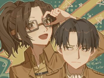 &gt;:( 1boy 1girl :d adjusting_eyewear annoyed artist_name behind_another black_eyes black_hair brown_eyes brown_hair brown_jacket facing_viewer goggles green_background hand_on_eyewear hands_up hange_zoe highres jacket levi_(shingeki_no_kyojin) looking_at_another looking_at_viewer looking_to_the_side open_mouth paradis_military_uniform ponytail portrait shingeki_no_kyojin shirt short_hair signature smile star_(symbol) trouble_eater v-shaped_eyebrows yellow_shirt