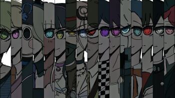 6+boys 6+girls ahoge akamatsu_kaede amami_rantaro barbed_wire bell black_eyes black_hair black_hat black_jacket black_sailor_collar blonde_hair blush_stickers brown_eyes brown_hair chabashira_tenko checkered_neckerchief choker collared_shirt commentary_request danganronpa_(series) danganronpa_v3:_killing_harmony dark-skinned_female dark_skin goggles goggles_on_head gokuhara_gonta green_eyes green_hair green_hat green_jacket grey_eyes grey_shirt hair_over_one_eye harukawa_maki hat hoshi_ryoma iruma_miu jacket jewelry k1-b0 looking_at_viewer mask mole mole_under_mouth momota_kaito mouth_mask multiple_boys multiple_girls neck_bell neck_ribbon neckerchief necklace necktie oma_kokichi orange_necktie orange_ribbon pink_choker pink_eyes pink_shirt pink_vest purple_eyes purple_necktie red_eyes red_hair red_shirt ribbon round_eyewear saihara_shuichi sailor_collar shinguji_korekiyo shirogane_tsumugi shirt shiyo_umami short_hair smile spiked_hair striped_clothes striped_jacket striped_shirt tojo_kirumi two-tone_shirt vest white_hair white_sailor_collar white_shirt yonaga_angie yumeno_himiko