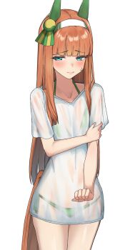 1girl amepa_(ame_pinecandy) animal_ears bikini bikini_under_clothes blue_eyes blush breasts closed_mouth commentary_request cowboy_shot ear_covers embarrassed green_bikini hairband highres horse_ears horse_girl horse_tail long_hair looking_at_viewer orange_hair see-through_clothes see-through_shirt shirt short_sleeves side-tie_bikini_bottom silence_suzuka_(umamusume) simple_background small_breasts solo sweat swimsuit tail textless_version thighs umamusume white_background white_hairband white_shirt