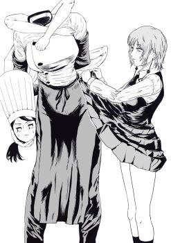 2girls apron arthropod_limbs blood bloody_tears blush chainsaw_man chef_hat clothes_lift collared_shirt commentary_request disembodied_head dress dress_lift earrings extra_arms falling_devil_(chainsaw_man) fami_(chainsaw_man) flat_top_chef_hat fourth_east_high_school_uniform greyscale hat highres holding_detached_head jacket jewelry k.rikina lifting_own_clothes long_sleeves monochrome multiple_girls pants pinafore_dress ponytail ringed_eyes school_uniform severed_head shirt short_hair sleeveless sleeveless_dress sweat waist_apron