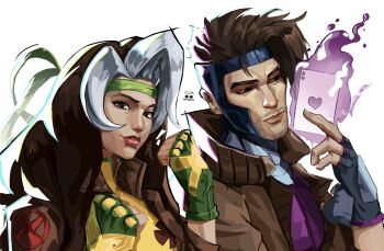 1boy 1girl artist_name between_fingers black_eyes black_gloves black_hair bodysuit brown_hair brown_jacket card clenched_hand closed_mouth colored_sclera commentary english_commentary fingerless_gloves fingernails fire gambit gloves green_eyes green_gloves green_headband hand_up headband helmet highres holding holding_card jacket lips long_hair looking_at_object looking_at_viewer marvel multicolored_hair nakoneart open_clothes open_jacket playing_card purple_bodysuit purple_fire red_sclera rogue_(x-men) short_hair simple_background smile superhero_costume teeth two-tone_hair upper_body white_background white_hair x-men yellow_bodysuit