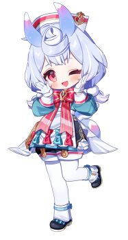 1girl absurdres animal_ears antennae black_shoes blue_bow blue_hair blush bow bowtie colored_tips commentary_request full_body genshin_impact gloves hat heart heart_in_eye highres long_hair long_sleeves looking_at_viewer meda_cha melusine_(genshin_impact) multicolored_hair nurse_cap one_eye_closed open_mouth pink_hair red_bow red_bowtie red_eyes shoes short_twintails sigewinne_(genshin_impact) simple_background solo standing standing_on_one_leg symbol_in_eye thighhighs twintails white_background white_gloves white_thighhighs