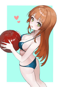1girl absurdres anne_(shingeki_no_bahamut) ball bikini breasts commentary_request green_eyes heart highres long_hair medium_breasts open_mouth orange_hair shingeki_no_bahamut smile solo swimsuit very_long_hair