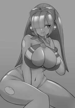 1girl ascot bare_shoulders between_legs blunt_bangs breasts cleavage commentary cowboy_shot forehead greyscale hair_over_one_eye hand_between_legs highres index_finger_raised large_breasts layer_(mega_man) long_hair mega_man_(series) mega_man_x_(series) mega_man_x_dive miolnel monochrome navel o-ring o-ring_top parted_bangs simple_background solo swimsuit thighs