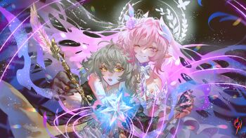 2girls absurdres armlet bare_shoulders black_gloves closed_mouth coconuthound commentary crystal cyrene_(honkai:_star_rail) cyrene_(ripples_of_past_reverie)_(honkai:_star_rail) english_commentary flower gloves grey_hair hair_between_eyes hair_flower hair_ornament highres holding holding_quill honkai:_star_rail honkai_(series) jewelry long_hair looking_at_another multiple_girls one_eye_closed open_mouth pointy_ears purple_eyes purple_flower purple_rose quill rose sidelocks smile stelle_(honkai:_star_rail) taking_another&#039;s_hand trailblazer_(honkai:_star_rail) very_long_hair yellow_eyes