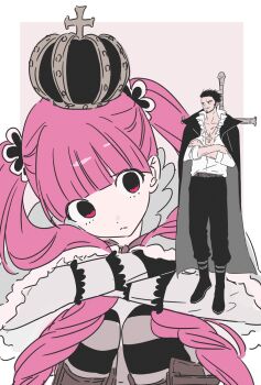 1boy 1girl beard black_hair blunt_bangs boots cape commentary_request cross_pendant crossed_arms crown dracule_mihawk facial_hair giant giantess gong_hago highres korean_commentary long_sleeves one_piece pants pantyhose perona short_hair squatting striped_clothes striped_pantyhose twintails