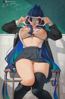 1girl black_jacket black_skirt black_socks black_thighhighs blue_eyes blue_hair bra breasts chalkboard classroom colored_inner_hair desk glasses greatodoggo hair_intakes highres holding holding_panties holding_underwear holding_unworn_clothes hololive hololive_english indoors jacket kneehighs large_breasts long_hair long_sleeves looking_at_viewer miniskirt multicolored_hair navel nipples on_desk open_clothes open_mouth open_shirt ouro_kronii panties photo-referenced pleated_skirt school_uniform see-through_bra see-through_clothes shirt shirt_tucked_in single_kneehigh single_sock single_thighhigh sitting skirt socks solo thighhighs tongue tongue_out underwear unworn_panties very_long_hair virtual_youtuber white_panties white_shirt