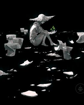 1girl barefoot black_background broken crack cupping_hands dark_background faceless faceless_male flower_pot hat hood hood_down hoodie knees_up leaf loika medium_hair on_floor original own_hands_together pants plant profile shade shards short_sleeves simple_background sitting soil solo spot_color straight_hair straw_hat