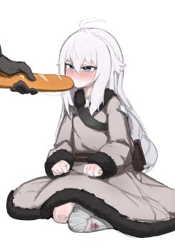 1boy 1girl aged_down ahoge baguette bandaged_leg bandages belt_pouch black_gloves blue_eyes bread chituna codename:_bakery_girl dress eating fellatio food fur_trim gloves highres holding holding_food jefuty_(bakery_girl) kneeling long_hair oral pouch reverse_collapse_(series) simulated_fellatio white_background white_hair