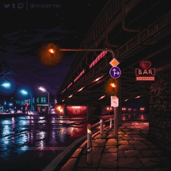 animated animated_gif artist_name bridge city cloud commentary english_commentary looping_animation moertel night no_humans original outdoors pixel_art road road_sign scenery sign sky star_(sky) starry_sky traffic_light