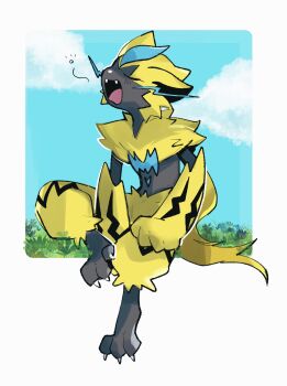 1other animal_ears animal_hands black_fur blue_fur body_fur cat_ears claws fangs full_body furry gen_7_pokemon highres legendary_pokemon looking_at_viewer multicolored_fur mythical_pokemon neck_fur nintendo on_grass open_mouth other_focus pokemon pokemon_(creature) simple_background sitting solo sstoh whiskers white_background yawning yellow_fur zeraora