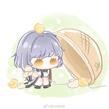1girl animal animal_on_head ankle_ribbon baby_animal bare_legs basket bird bird_on_head black_collar black_ribbon black_shoes booby_trap border chibi chick chinese_clothes chinese_commentary collar colored_eyelashes commentary_request dress floral_background food green_background grey_hair holding holding_food jacket knees leg_ribbon light_blush long_sleeves looking_at_food mandarin_collar nikki_(series) no_mouth on_head ribbon round_border see-through_clothes see-through_jacket shining_nikki shoes short_hair_with_long_locks single_sidelock solid_oval_eyes solo squatting steamed_bun string watermark weibo_watermark white_border white_dress white_jacket xiaoyu_qixing yellow_eyes yexiao_(shining_nikki)