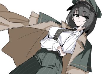 absurdres black_eyes black_necktie blue_archive brown_halo coat coat_on_shoulders diagonal-striped_clothes diagonal-striped_necktie green_hat halo hat highres hiromi_(blue_archive) koppepan_agp necktie pants peaked_cap striped_clothes striped_necktie striped_pants vertical-striped_clothes vertical-striped_pants